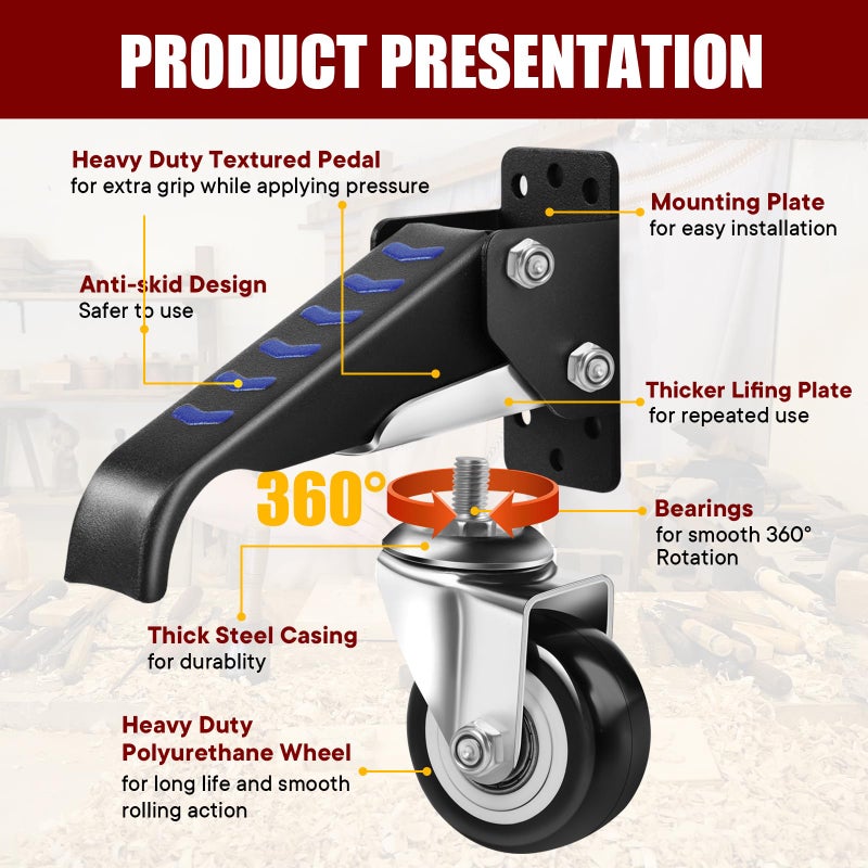 SPACECARE Retractable Workbench Casters Kit, Heavy Duty Workbenches Wheeels with 600 lbs Capacity, Adjustable Workbench Casters for Workbenches, Tables, and Cabinets, Easy to Install 4 Pack - Image 4